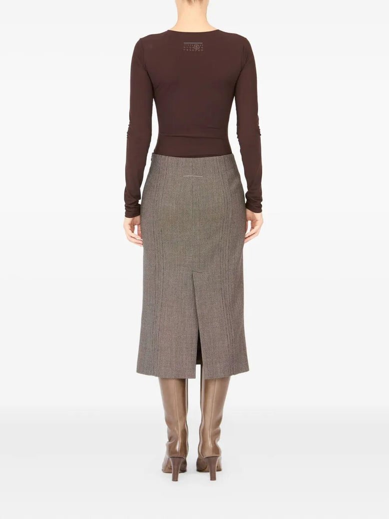 brown and beige patterned wool midi skirt by Selfnex