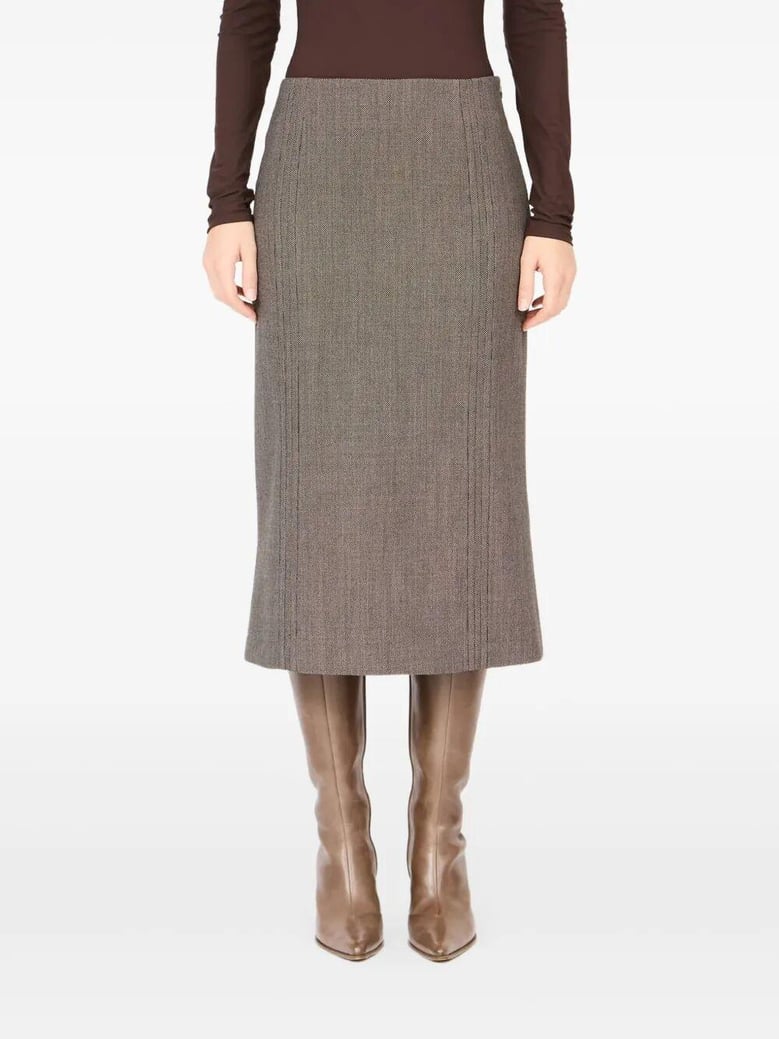 brown and beige patterned wool midi skirt by Selfnex