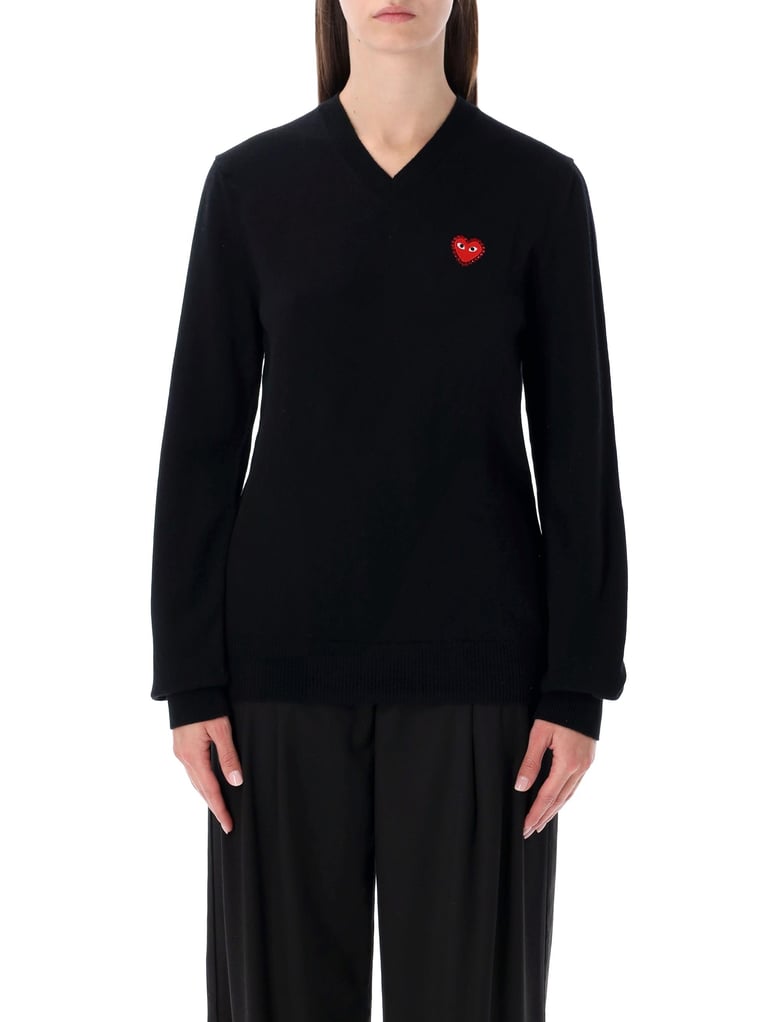 comme des garçons play wool v-neck sweater with red heart and crystals by Selfnex