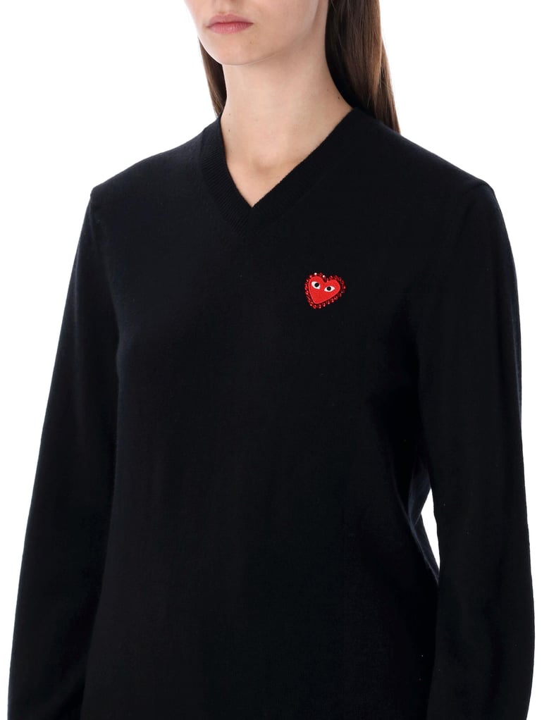 comme des garçons play wool v-neck sweater with red heart and crystals by Selfnex