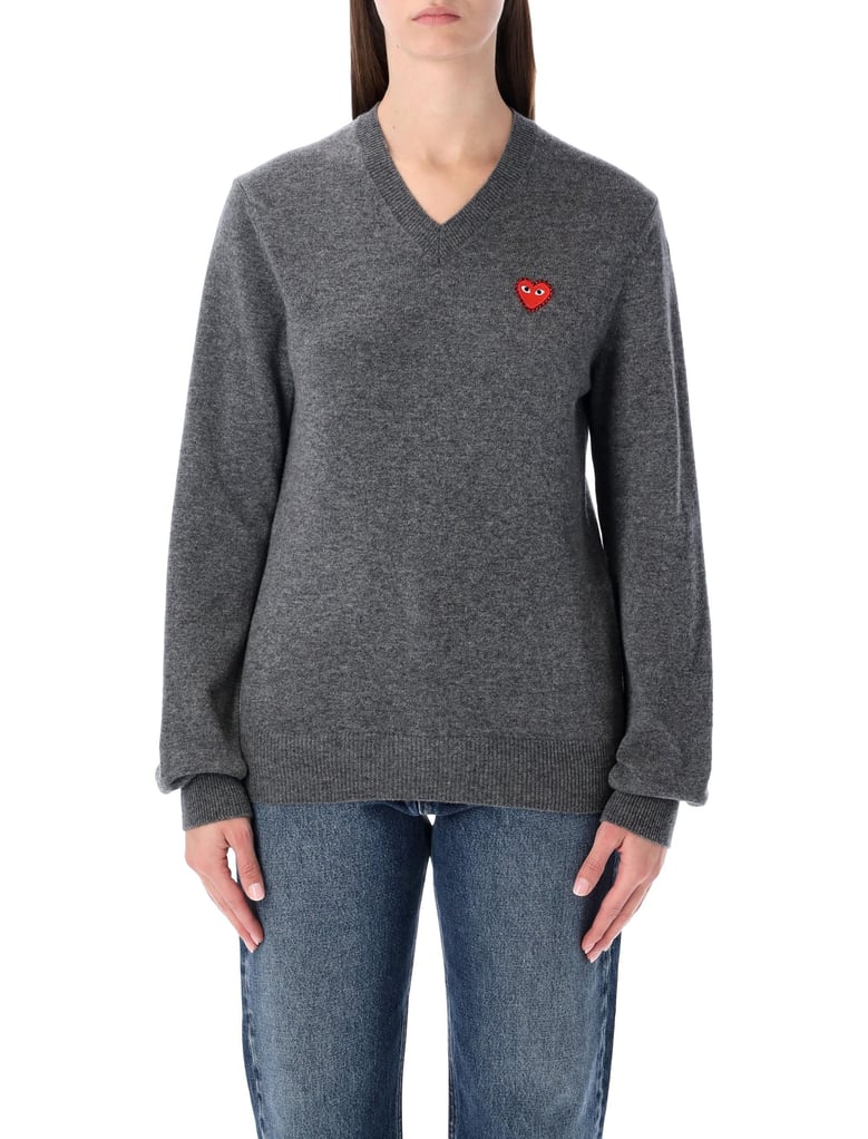 comme des garçons play wool v-neck sweater with red heart and crystals by Selfnex