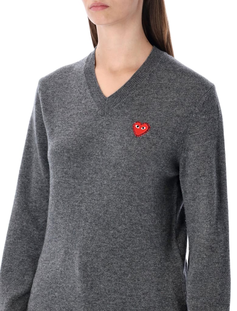 comme des garçons play wool v-neck sweater with red heart and crystals by Selfnex