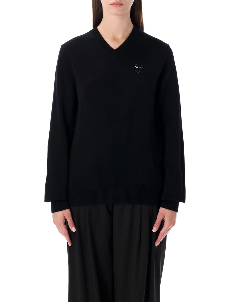 comme des garçons play wool v-neck sweater with black heart and crystals by Selfnex