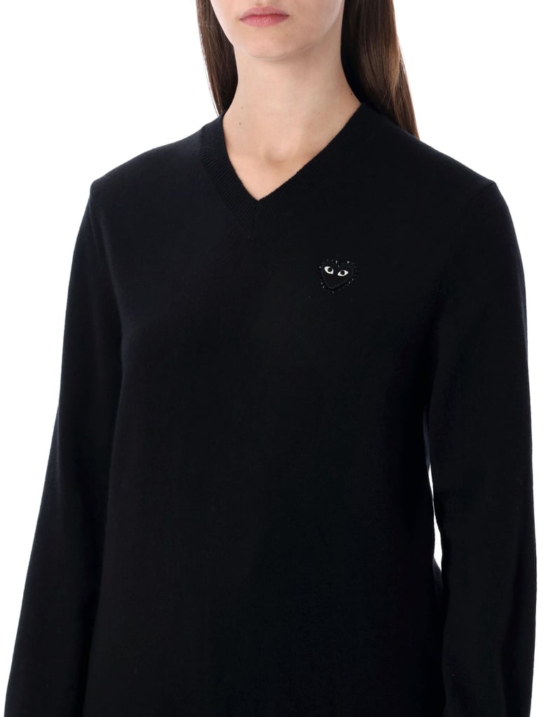 comme des garçons play wool v-neck sweater with black heart and crystals by Selfnex