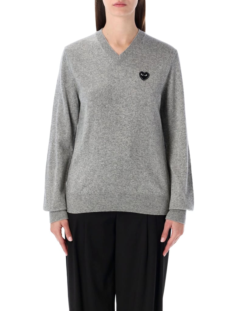 comme des garçons play wool v-neck sweater with black heart and crystals by Selfnex