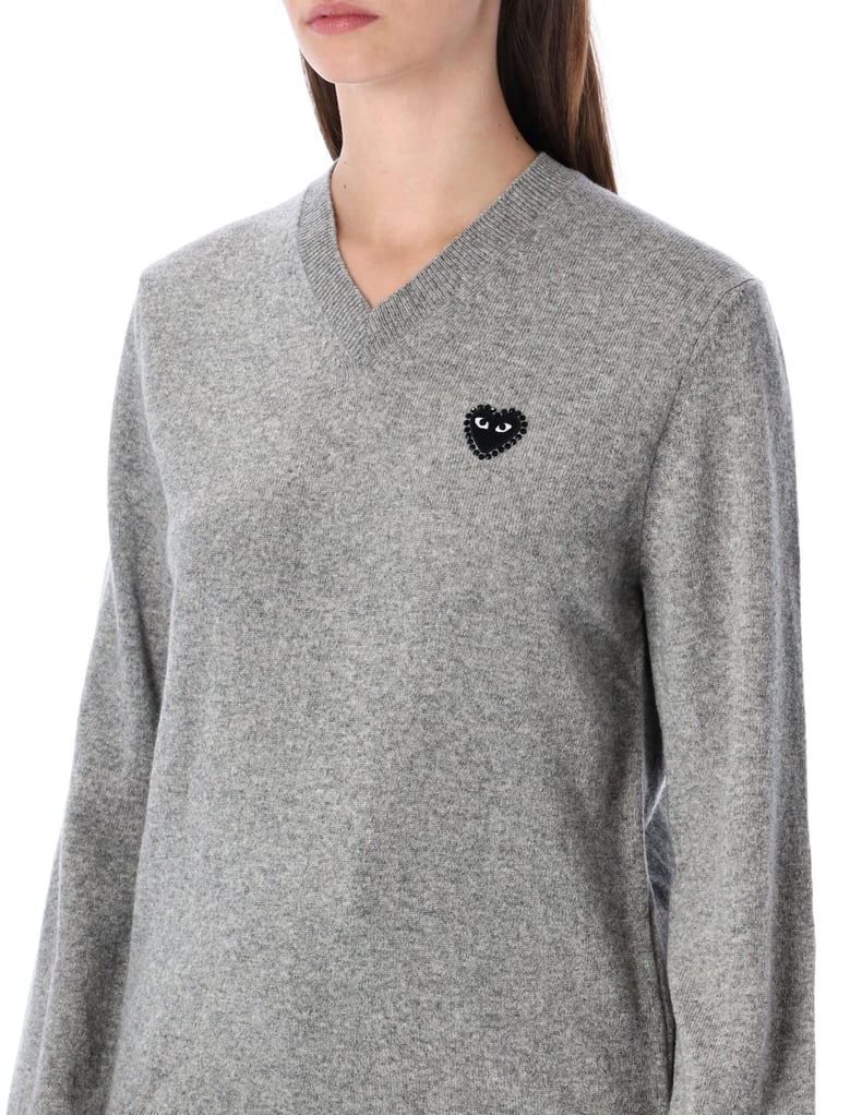 comme des garçons play wool v-neck sweater with black heart and crystals by Selfnex