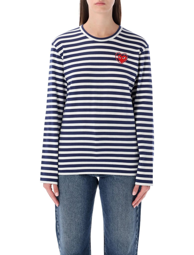 comme des garçons play striped navy and white t-shirt with crystal heart by Selfnex