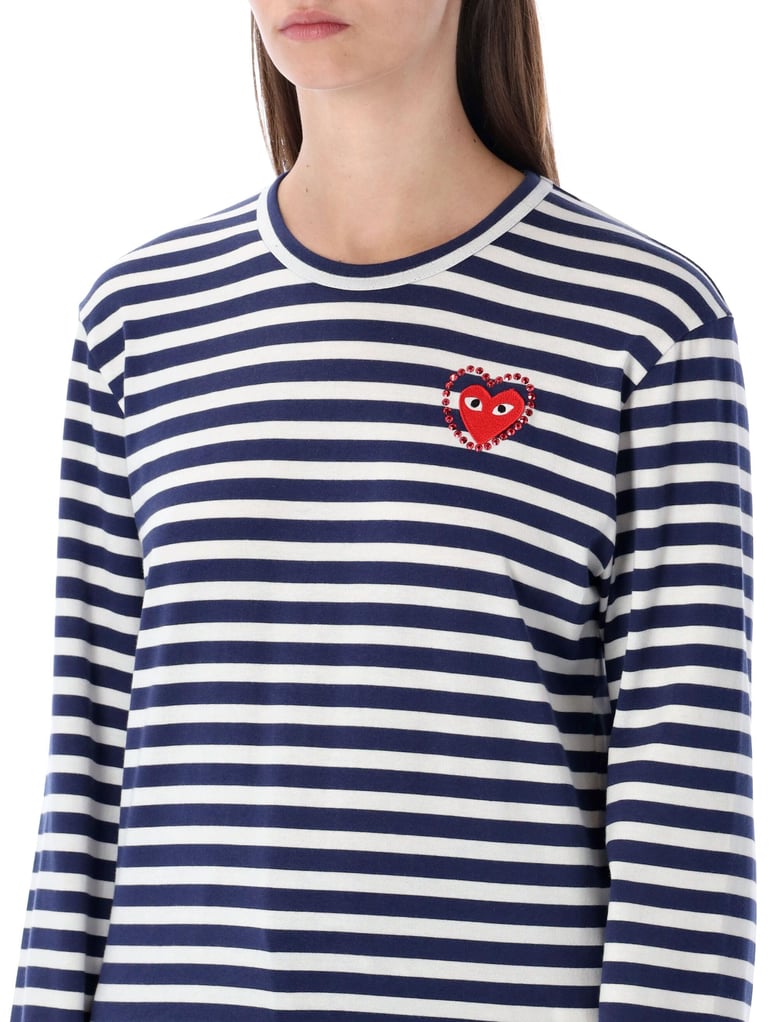 comme des garçons play striped navy and white t-shirt with crystal heart by Selfnex