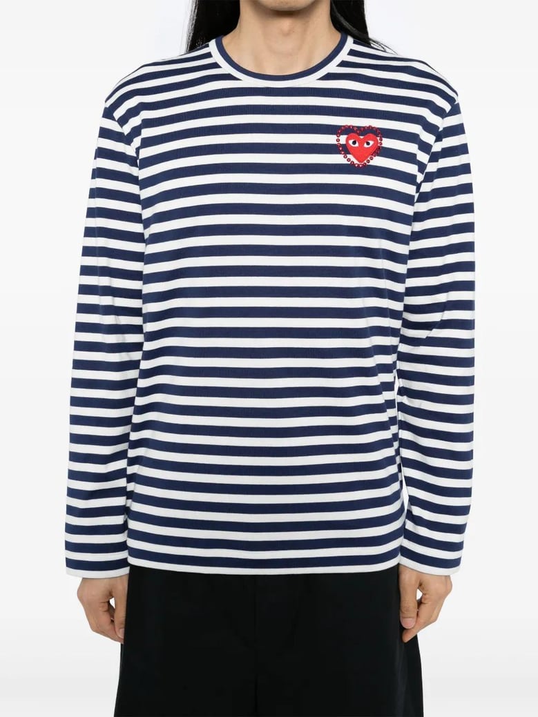 comme des garçons play striped navy and white t-shirt with crystal heart by Selfnex