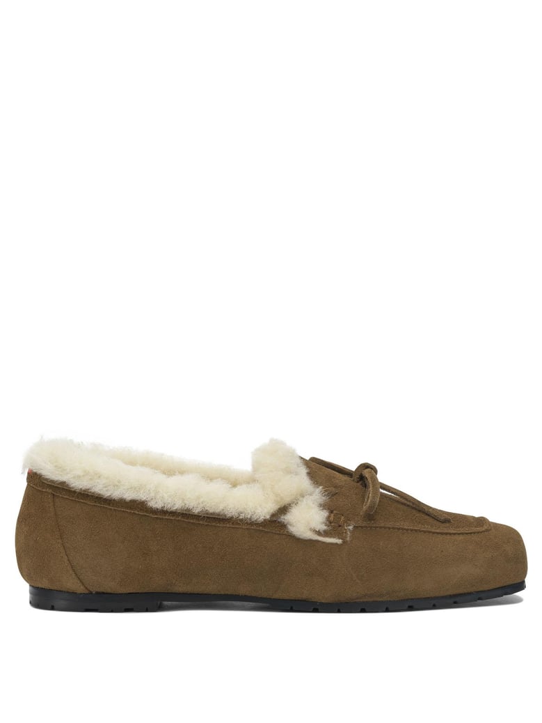 tobacco suede shearling loafers by Selfnex