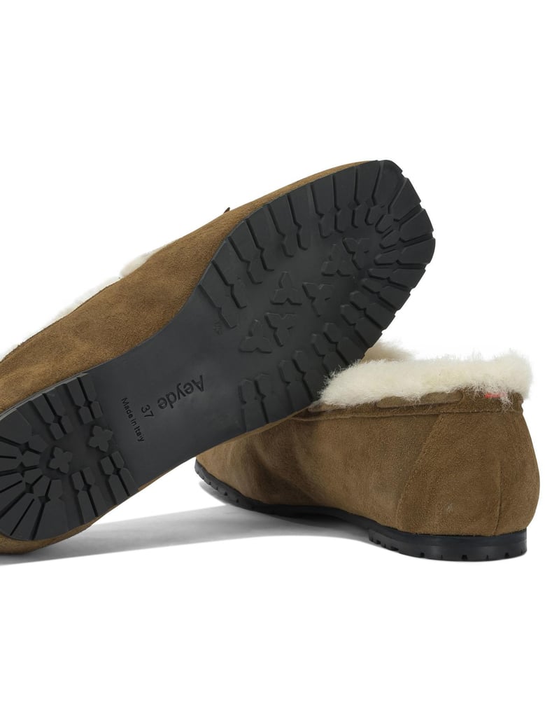 tobacco suede shearling loafers by Selfnex