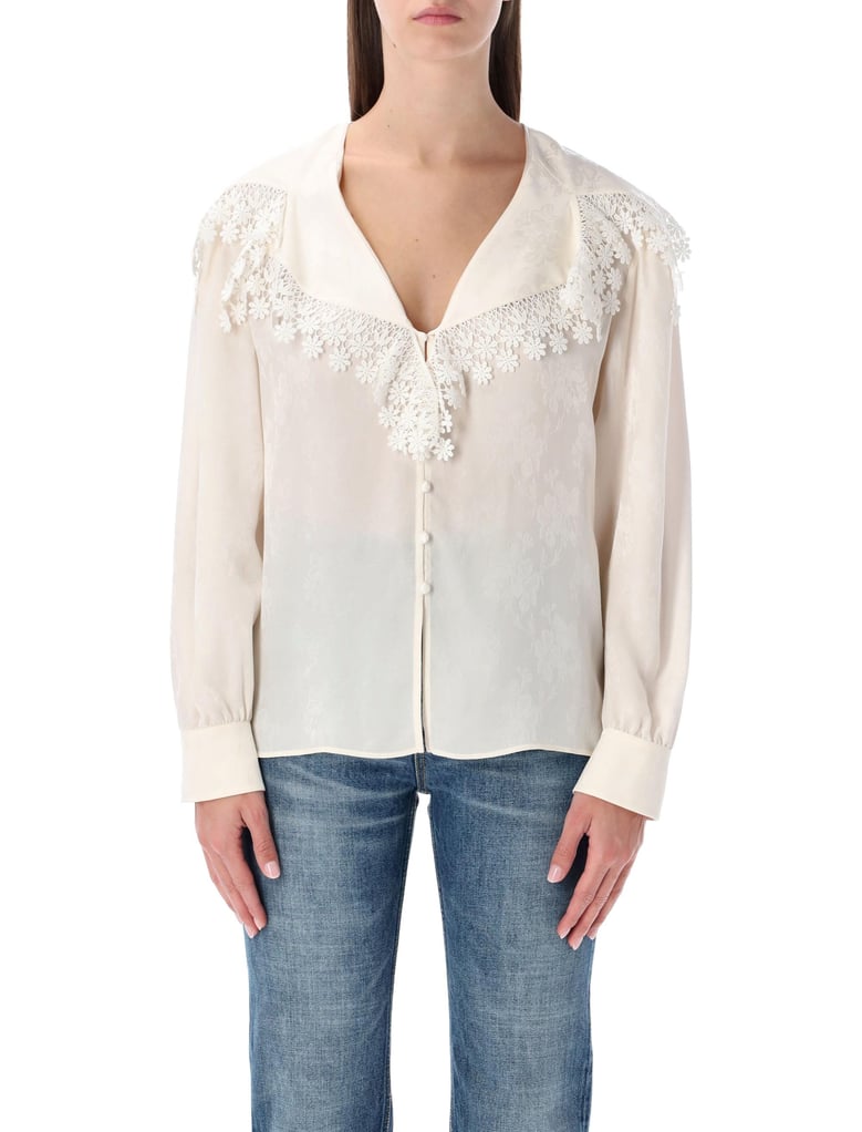 blouse with a maxi collar in silk jacquard and lace by Selfnex