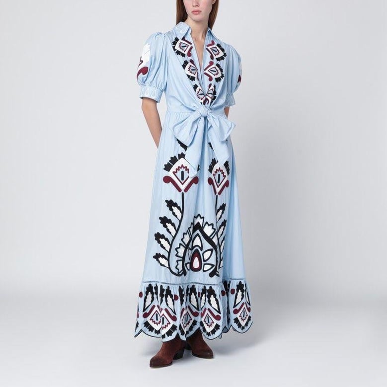 light blue embroidered long dress with bow by Selfnex