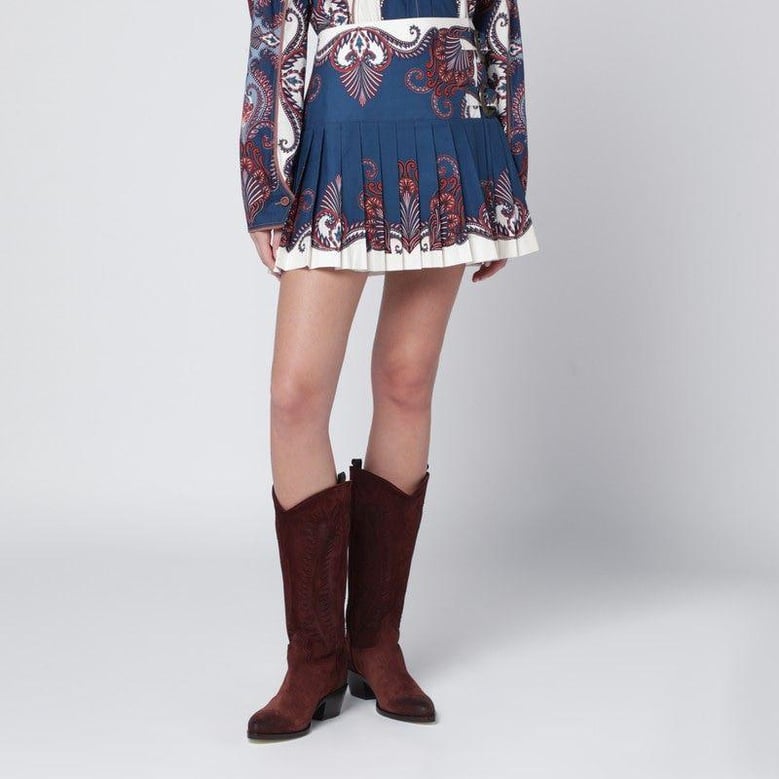 deep blue and sand pleated mini skirt with arabesque print by Selfnex