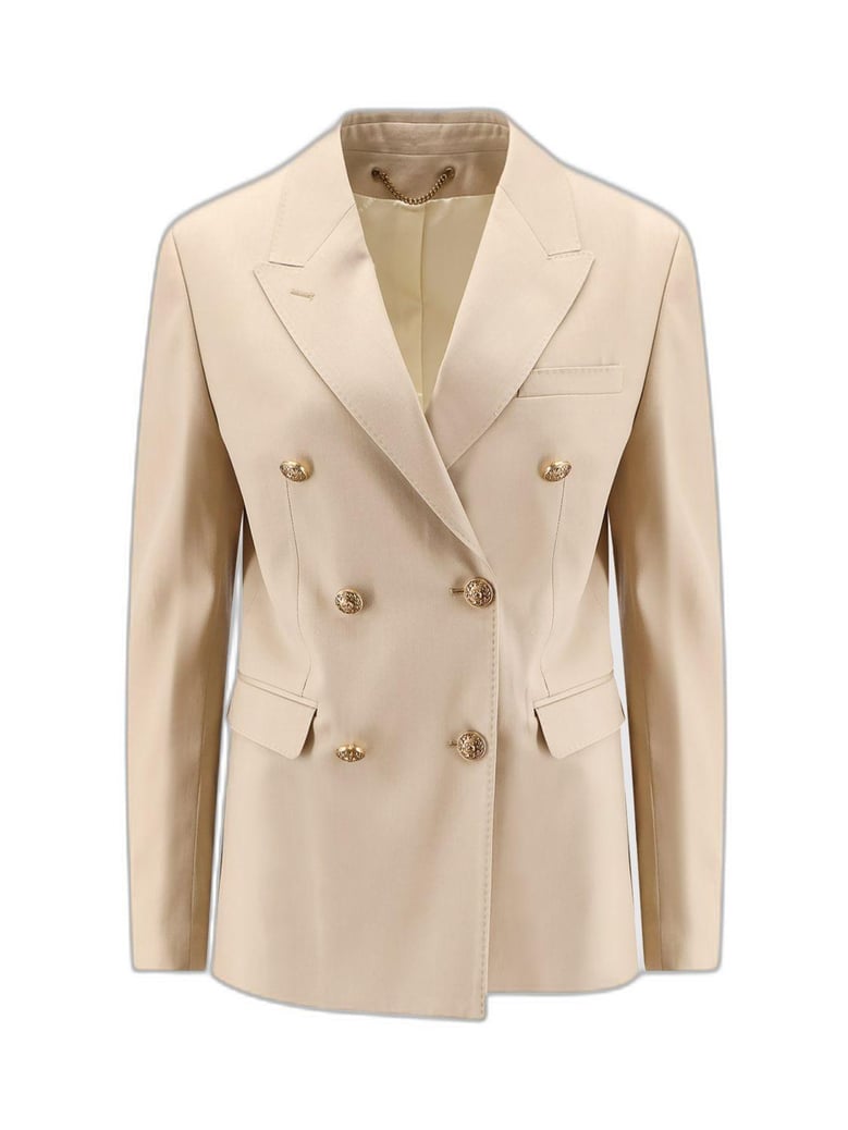 golden goose sand double-breasted blazer with gold heraldic buttons by Selfnex