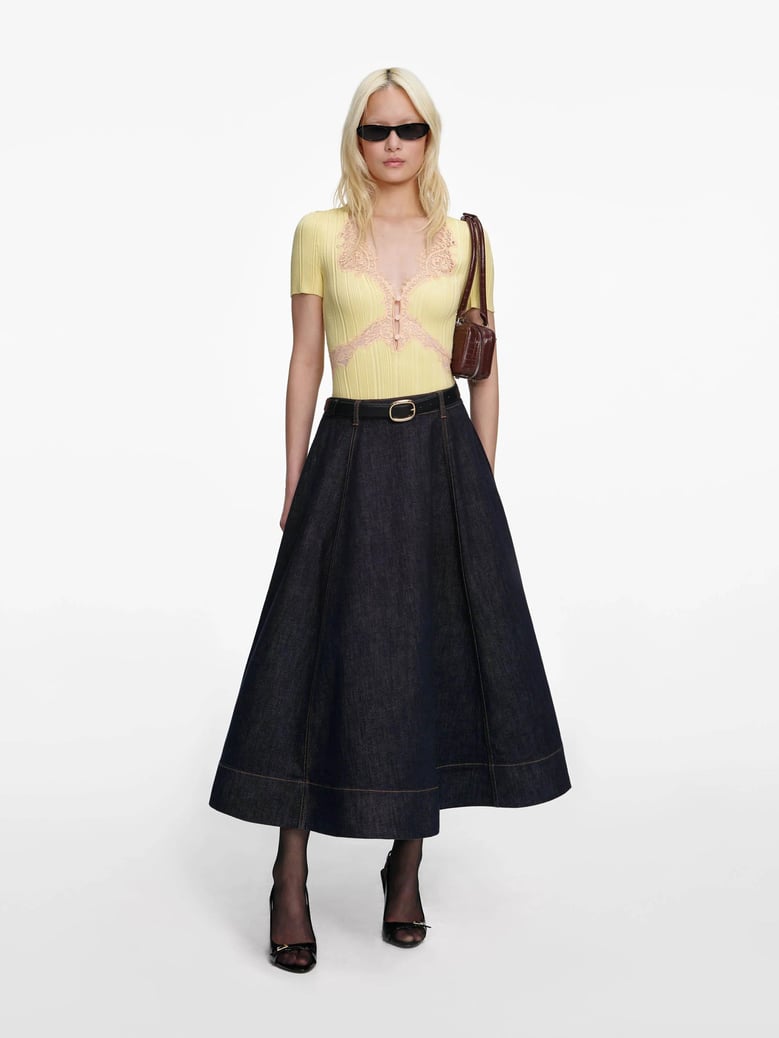 denim flared midi skirt by Selfnex