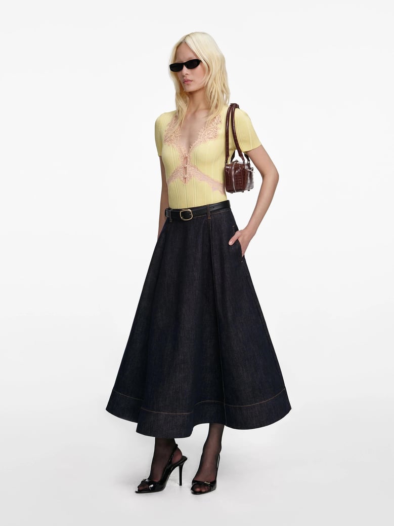 denim flared midi skirt by Selfnex
