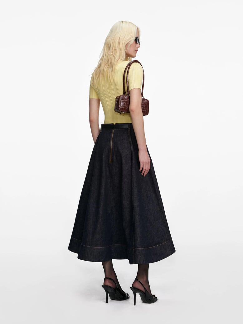denim flared midi skirt by Selfnex