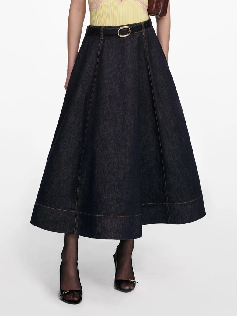 denim flared midi skirt by Selfnex