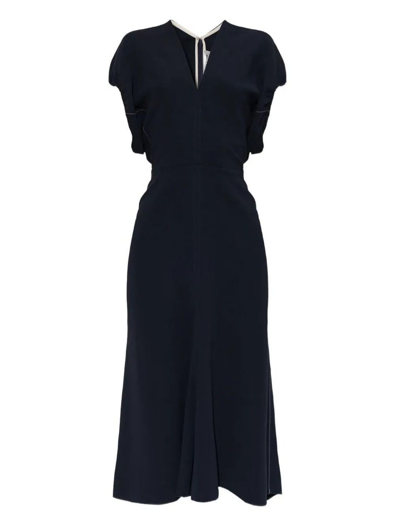 blouson detail v-neck midi dress by Selfnex