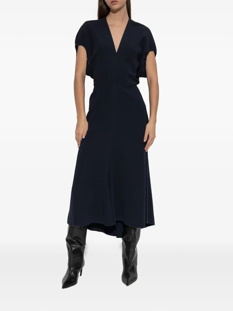 blouson detail v-neck midi dress by Selfnex