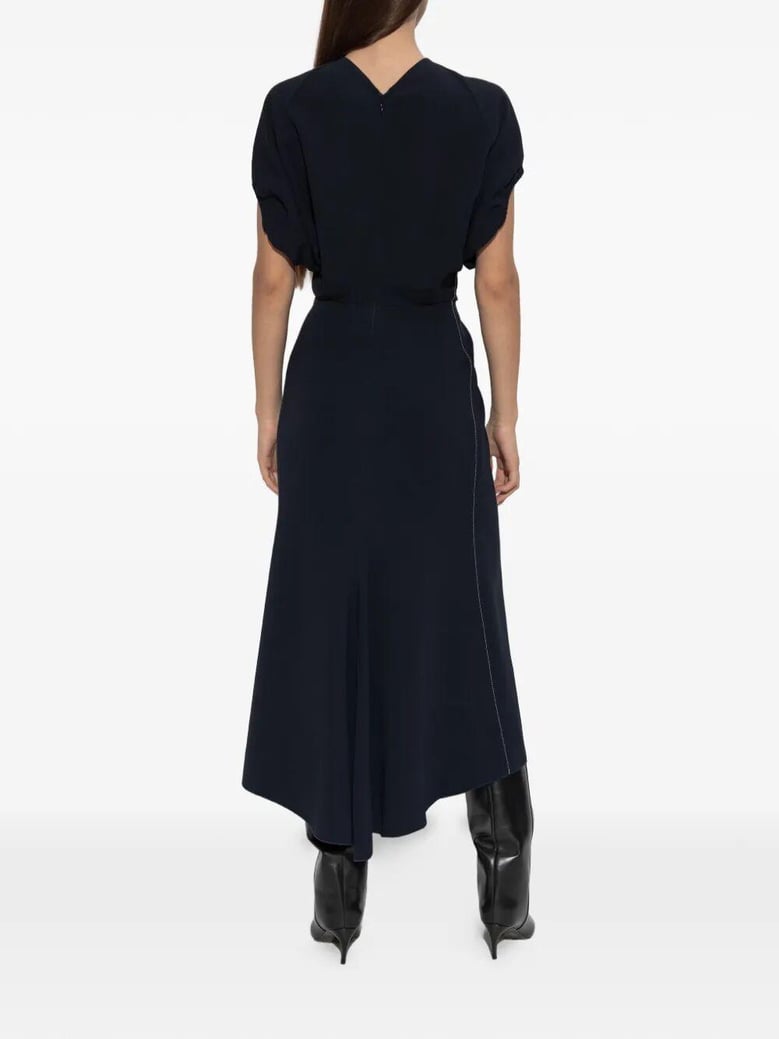 blouson detail v-neck midi dress by Selfnex
