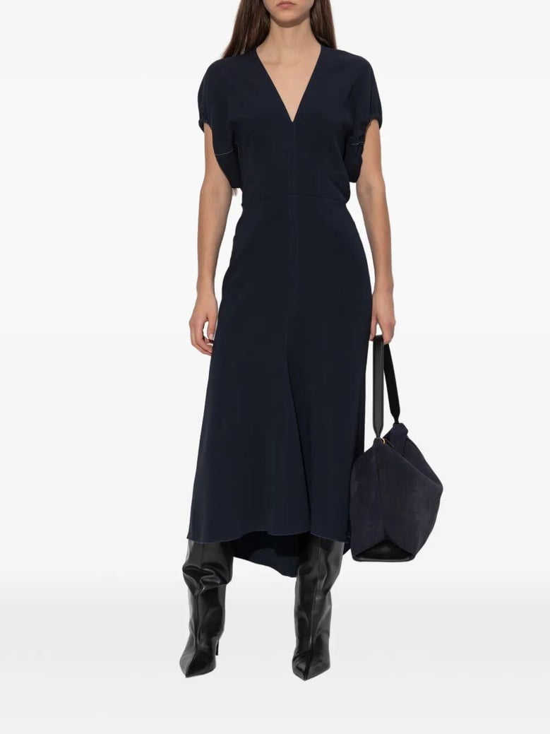 blouson detail v-neck midi dress by Selfnex