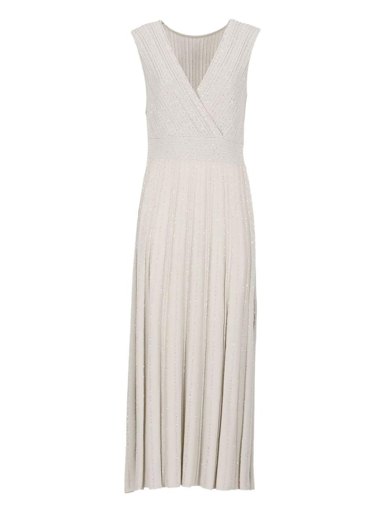 beige pleated maxi dress by Selfnex