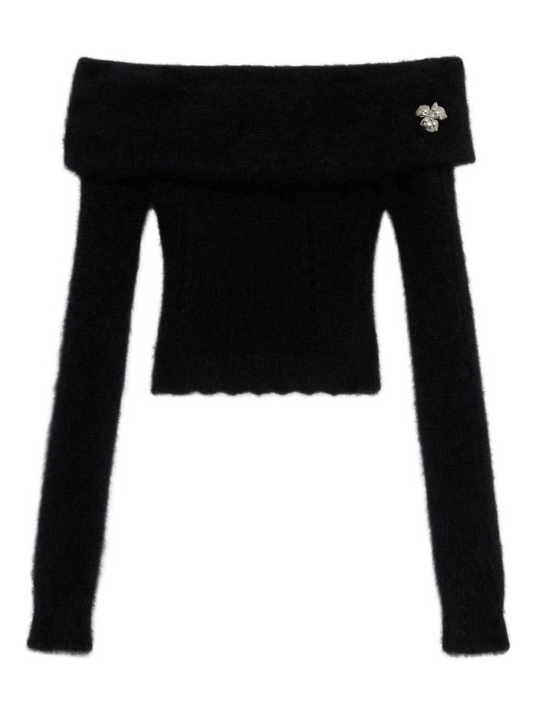 black off-shoulder fuzzy sweater by Selfnex