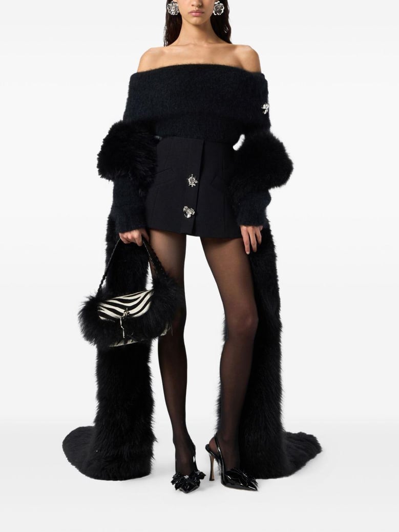 black off-shoulder fuzzy sweater by Selfnex