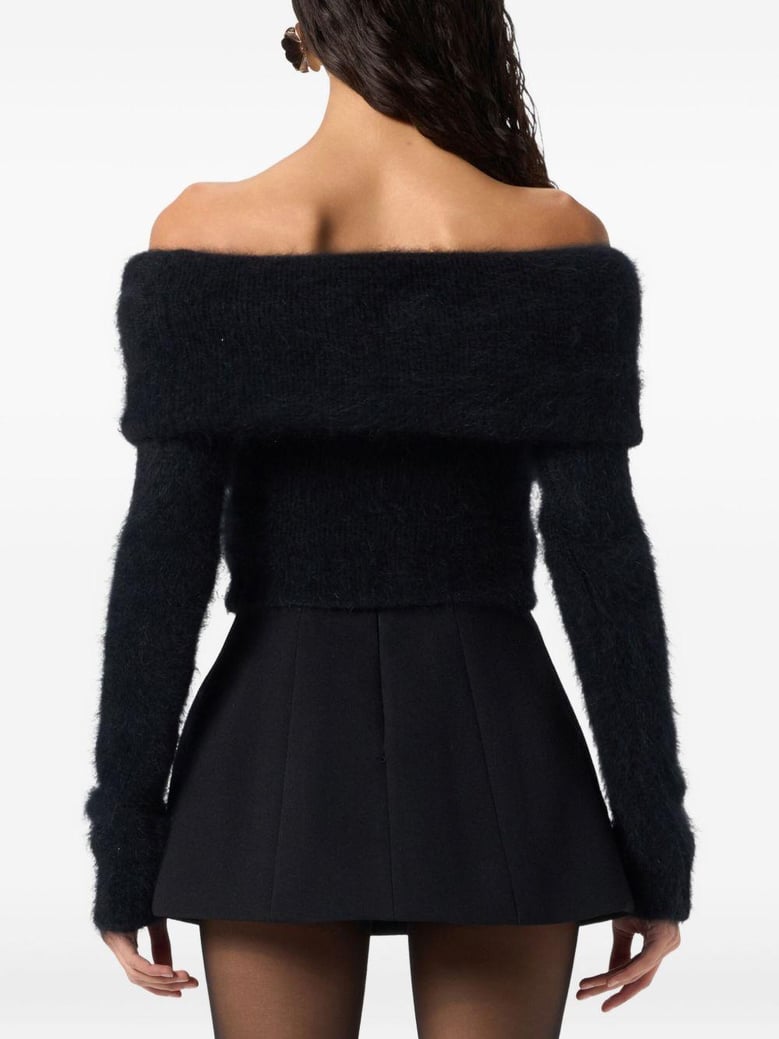 black off-shoulder fuzzy sweater by Selfnex