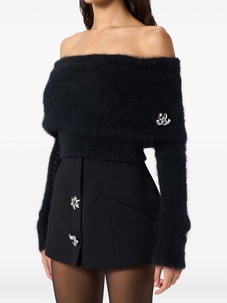 black off-shoulder fuzzy sweater by Selfnex