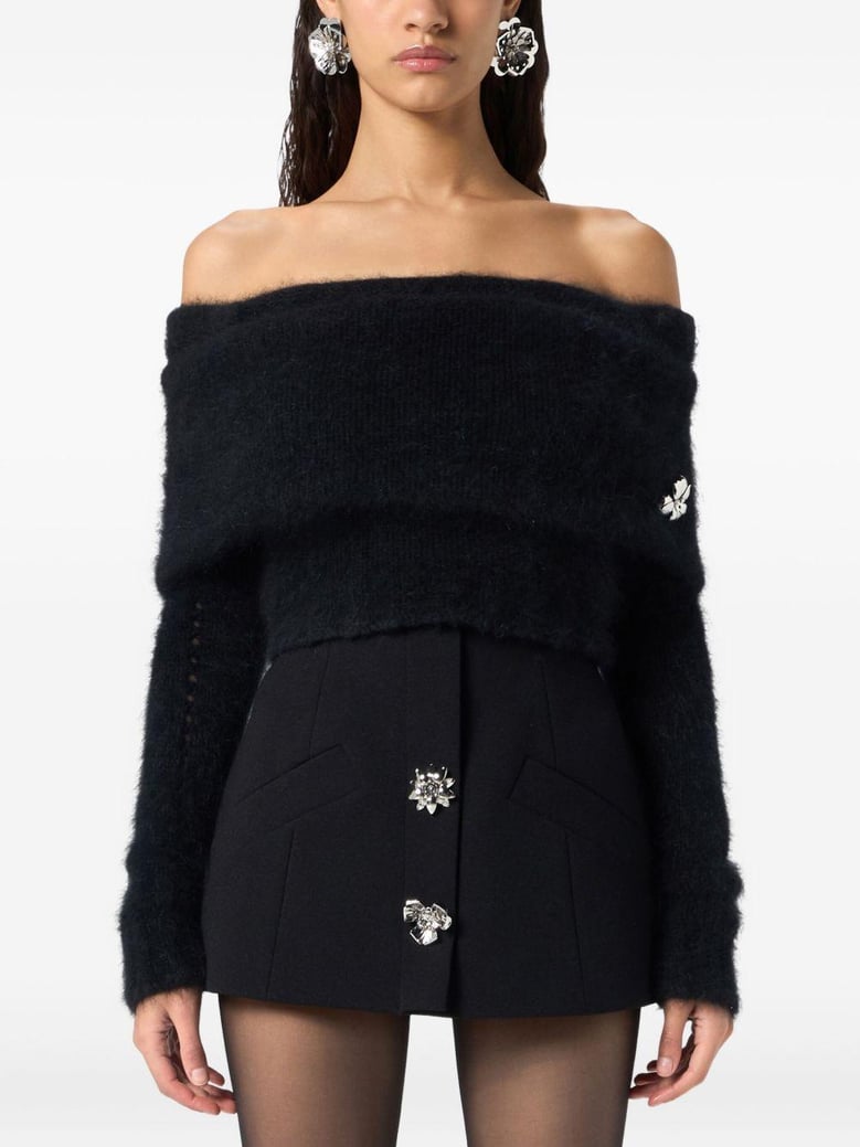 black off-shoulder fuzzy sweater by Selfnex