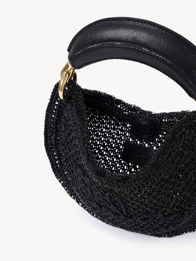 mini summer banana hobo bag in black crochet with leather details by Selfnex