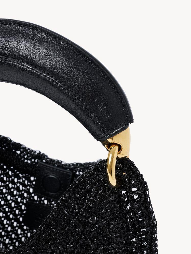 mini summer banana hobo bag in black crochet with leather details by Selfnex