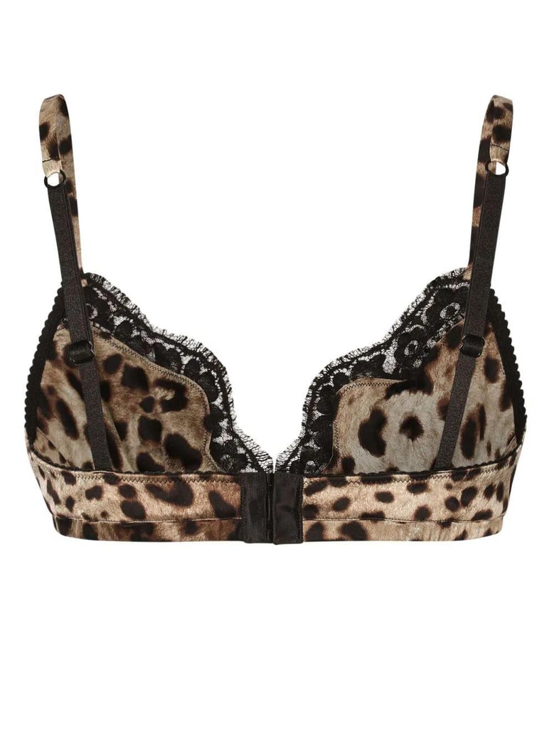 leopard-print soft-cup satin bra with lace detailing by Selfnex