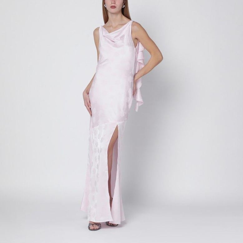 long pink satin jacquard dress with ruffles by Selfnex