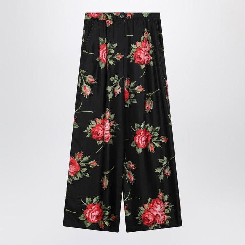 wide twill trousers with rose bouquet print by Selfnex