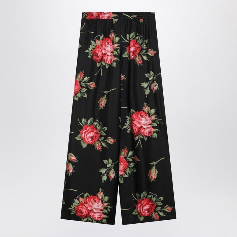 wide twill trousers with rose bouquet print by Selfnex