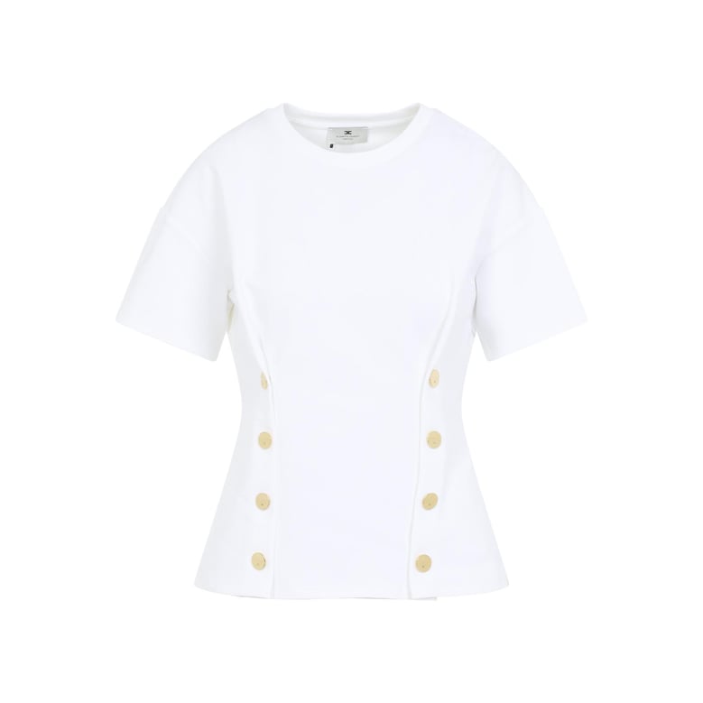 chalk white cotton gold buttoned t-shirt by Selfnex