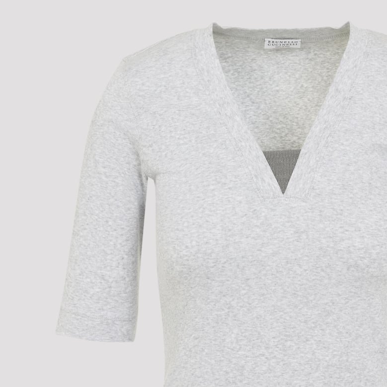 silver grey cotton v-neck ribbed t-shirt by Selfnex