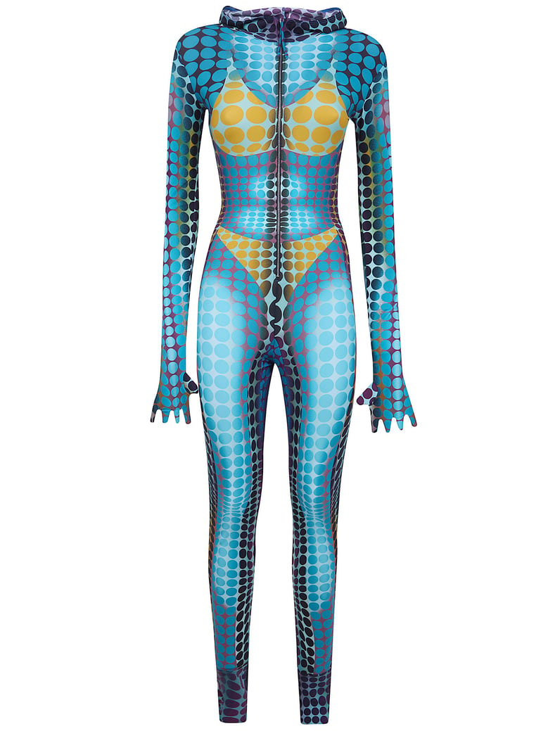 re-edition jumpsuit high neck with long sleeves hood and center front zip closing by Selfnex