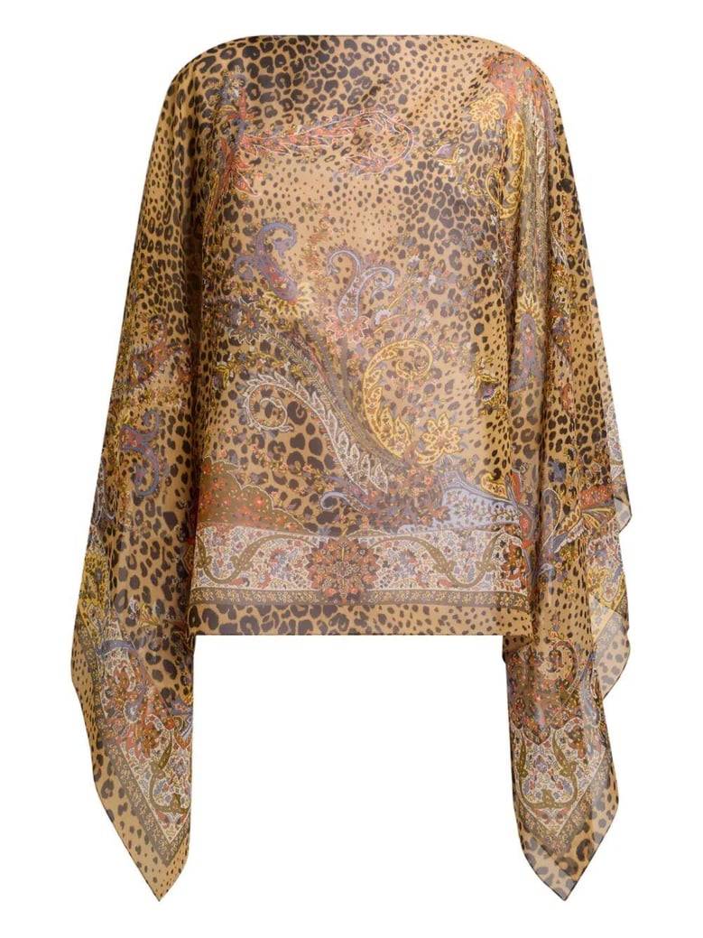 silk poncho top with paisley and animal motif by Selfnex