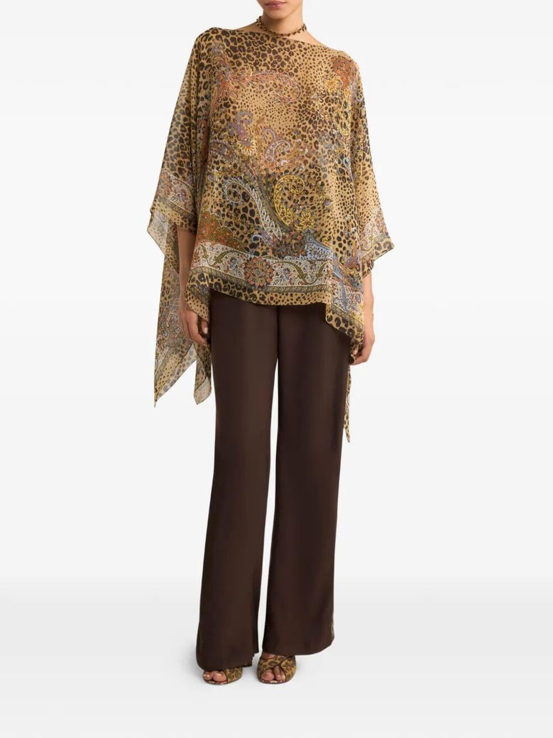 silk poncho top with paisley and animal motif by Selfnex