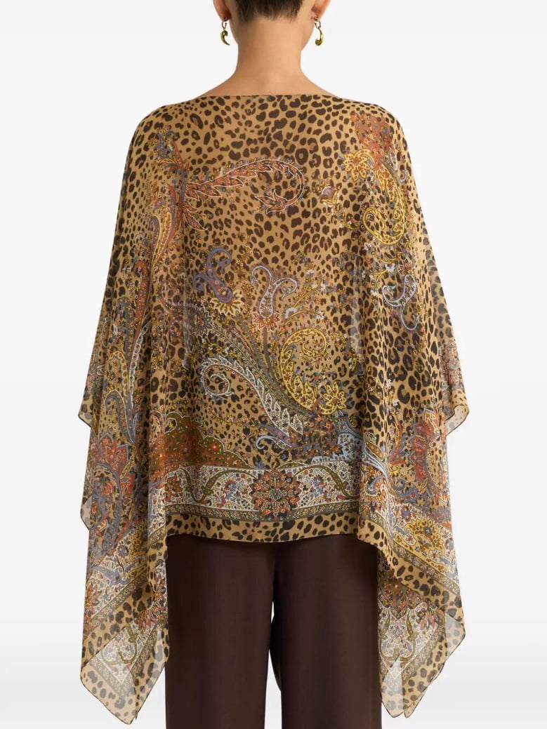 silk poncho top with paisley and animal motif by Selfnex