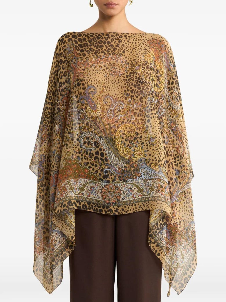 silk poncho top with paisley and animal motif by Selfnex