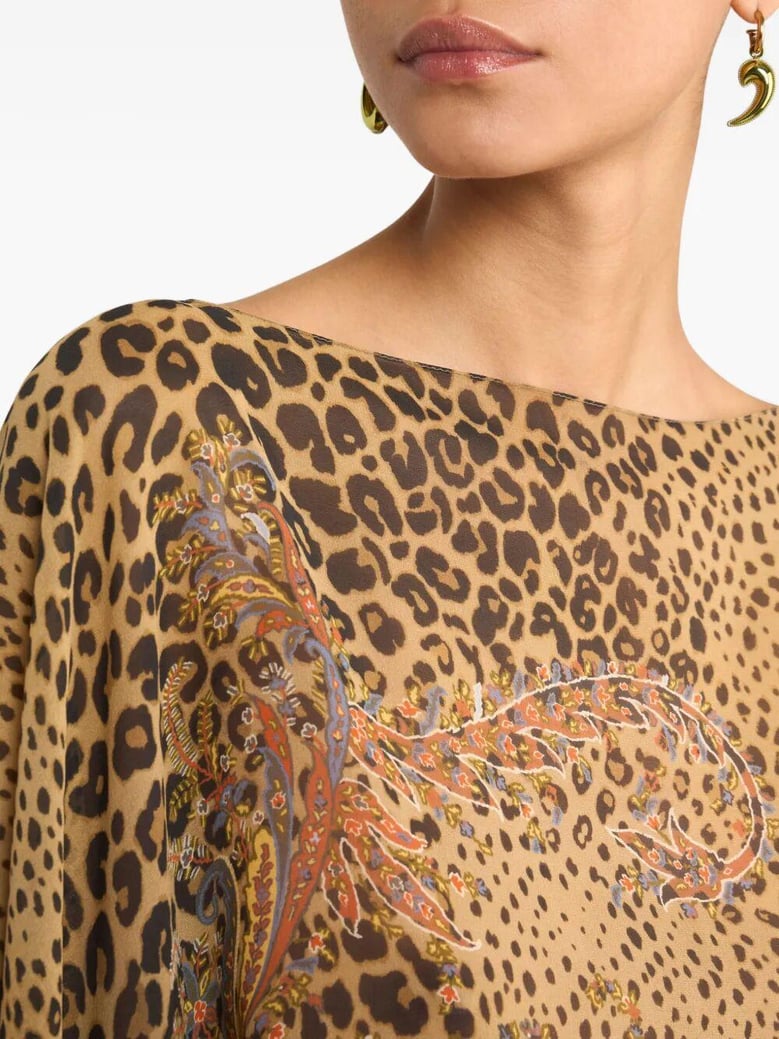silk poncho top with paisley and animal motif by Selfnex