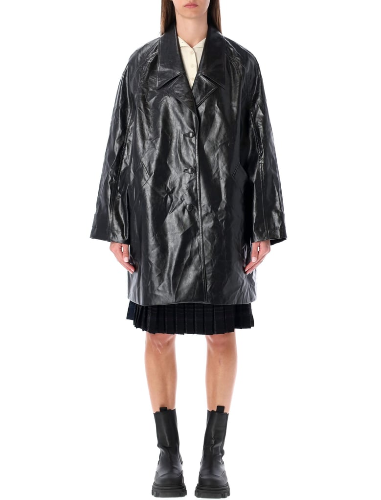 low classic oversized black faux leather coat by Selfnex