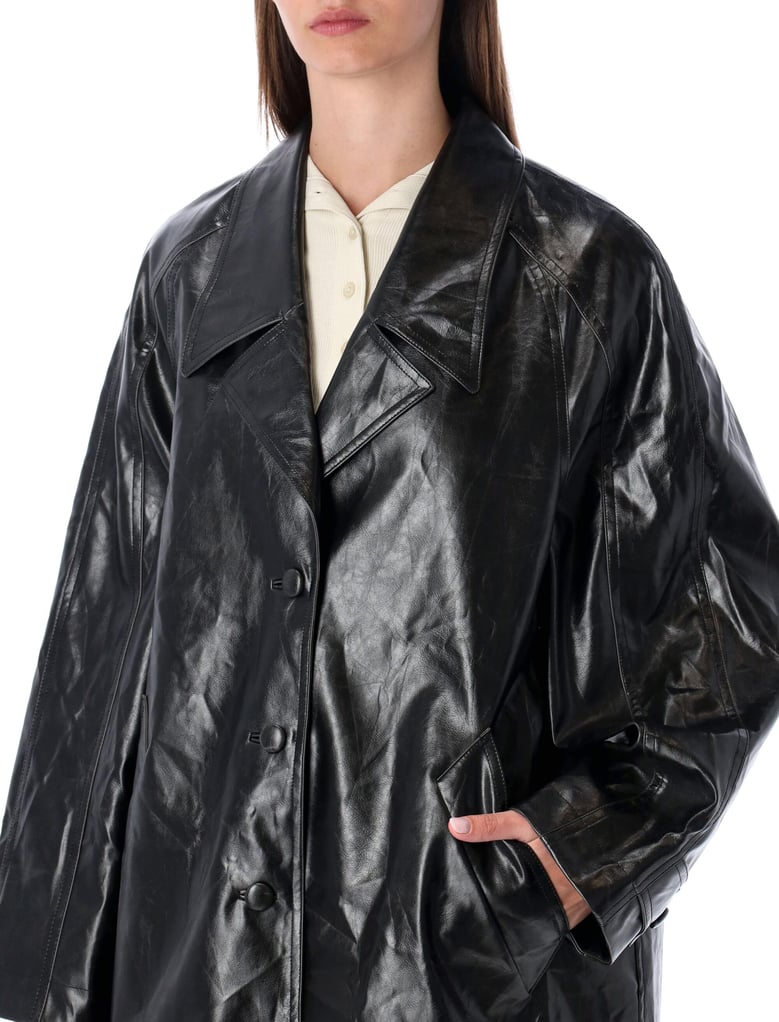 low classic oversized black faux leather coat by Selfnex