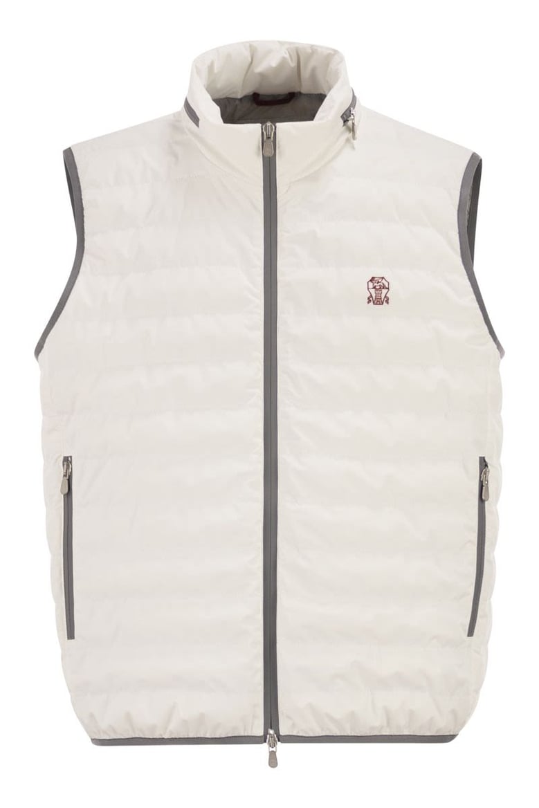 sleeveless nylon down jacket with logo and removable hood by Selfnex